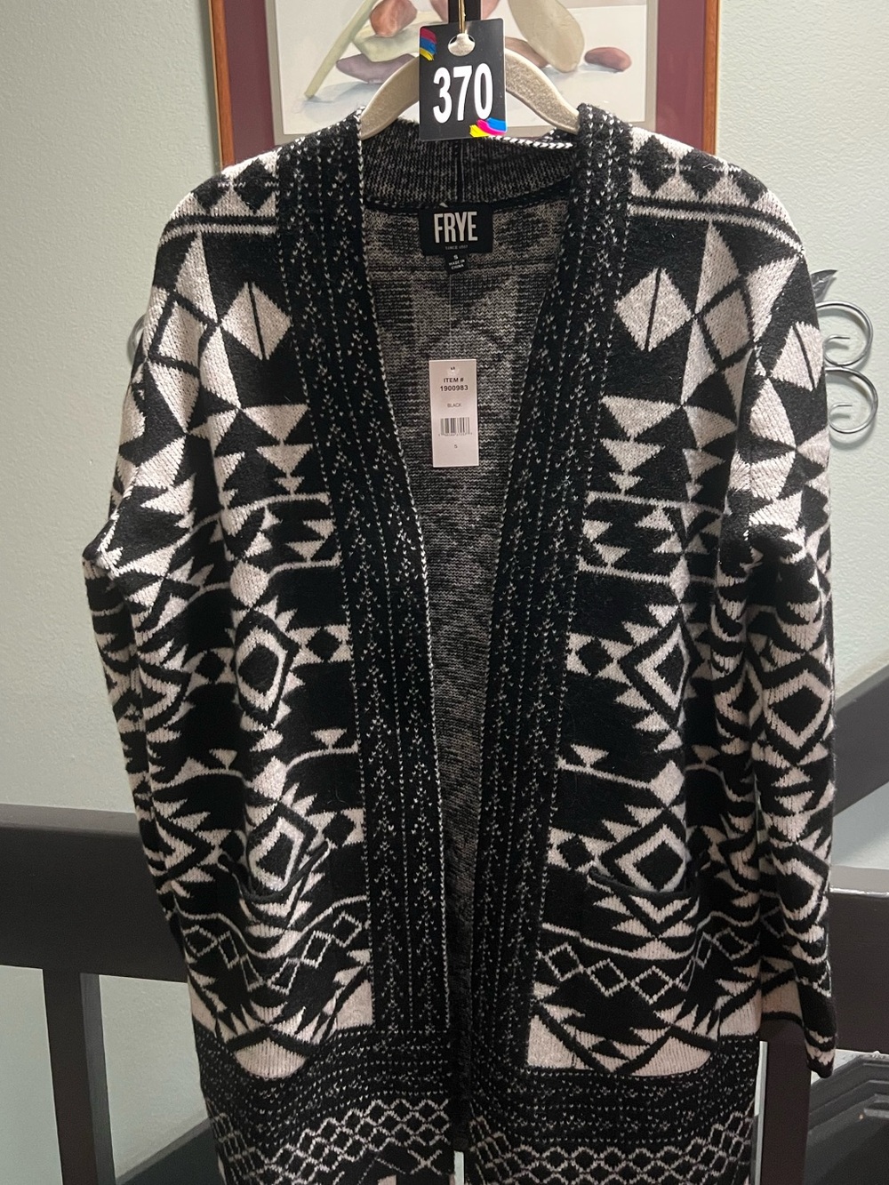 NWT FRYE Black and White Geometric Open-Front Cardigan Small #370